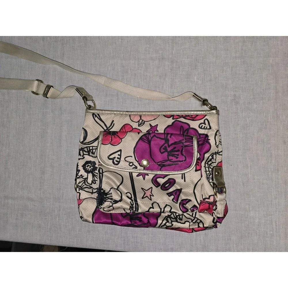 Coach F19229 Poppy Floral Print Cream & Fuchsia Sateen Crossbody